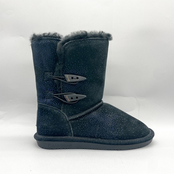 Bearpaw Womens 8 Abigail Sparkle Boot Shoe Black Suede Sheepskin Faux Fur Winter - Picture 1 of 11